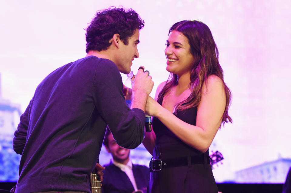 <p><i>Glee</i> fans rejoiced when two stars of the beloved former show performed at the Broadway festival known as the Elsie Festival. Off-stage, the two also <a rel="nofollow noopener" href="https://twitter.com/LeaMichele/status/917365953196953600" target="_blank" data-ylk="slk:snapped a pic;elm:context_link;itc:0;sec:content-canvas" class="link ">snapped a pic</a> with another former co-star, Jenna Ushkowitz, and the show’s creator, Ryan Murphy. (Photo: Jenny Anderson/Getty Images for Elsie Fest) </p>