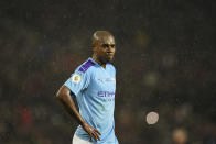 Manchester City's Fernandinho reacts after the English Premier League soccer match between Manchester United and Manchester City at Old Trafford in Manchester, England, Sunday, March 8, 2020. Manchester United won 2-0. (AP Photo/Dave Thompson)