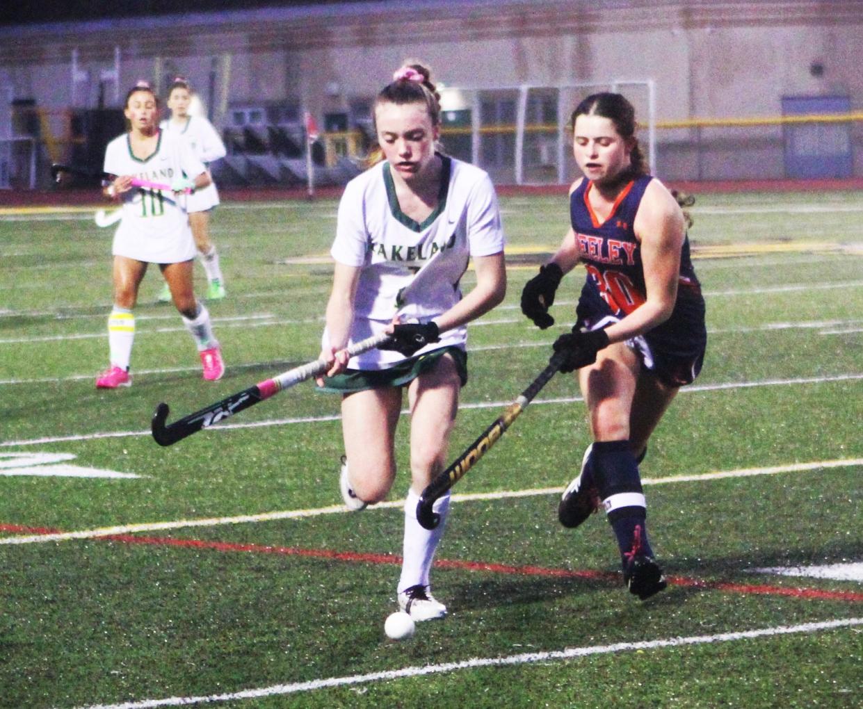 Lakeland's Keira Gallagher is pursued by Horace Greeley's Dani Halperin during Lakeland's 1-0 Section 1 Class B championship win Oct. 29, 2023 at Lakeland High School.