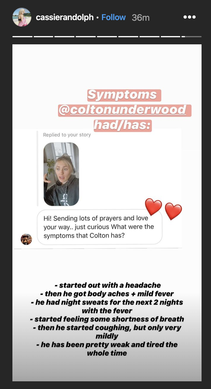 Cassie Randolph explained the symptoms Colton Undrwood experienced before he tested positive for the coronavirus. (Photo: Instagram)