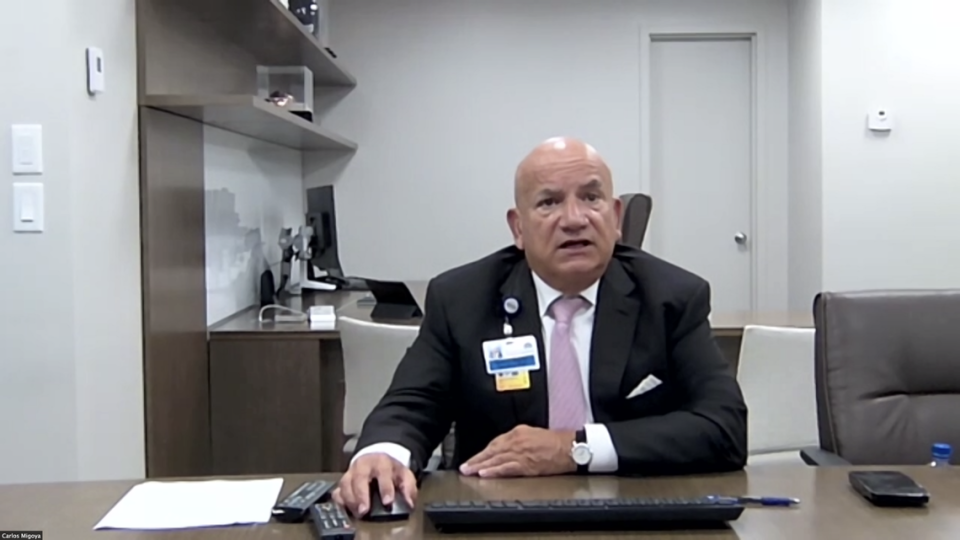 Jackson Health CEO Carlos Migoya in a screenshot at a video conference call with media on July 20, 2021. Jackson announced its new restricted visitation policy and stressed the need for the public to get vaccinated for COVID-19.