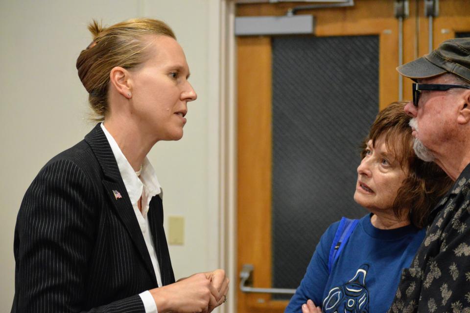Democrat Elizabeth Betancourt (left) speaks with voters after the the Oct. 8 candidate forum held in Redding. Betancourt is running to represent California's 1st Assembly District in a 2019 special election.