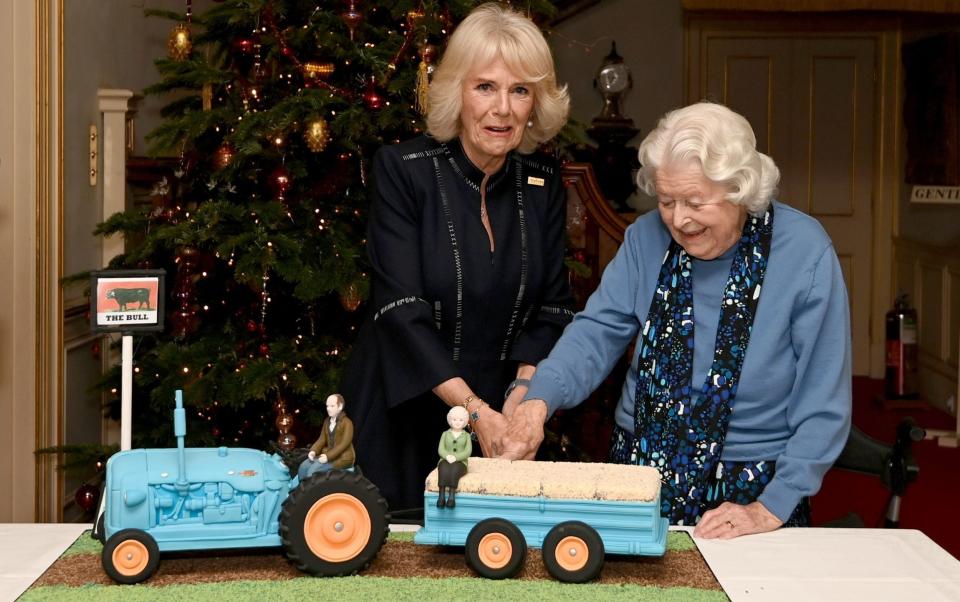 The Duchess of Cornwall and June Spencer cut an Archers-themed cake during a reception to celebrate the show's 70th anniversary - Kate Green/PA