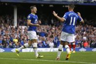 Football Soccer Britain - Everton v Stoke City - Premier League - Goodison Park - 27/8/16 Everton's Leighton Baines celebrates their first goal with Kevin Mirallas Action Images via Reuters / Ed Sykes Livepic EDITORIAL USE ONLY. No use with unauthorized audio, video, data, fixture lists, club/league logos or "live" services. Online in-match use limited to 45 images, no video emulation. No use in betting, games or single club/league/player publications. Please contact your account representative for further details.