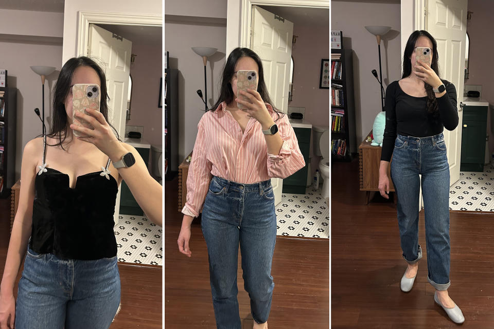 The Reformation Abby Jeans are versatile — I've styled them with everything from glitzy tank tops to classic black tees.