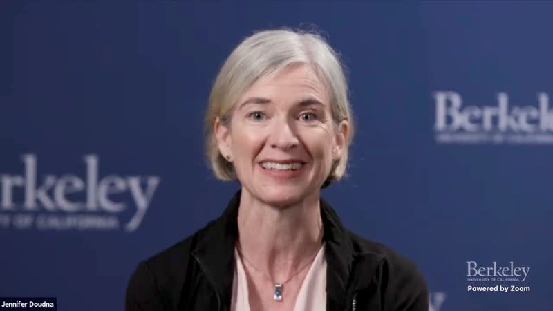 American biochemist Jennifer Doudna of the University of California at Berkeley speaks to the news media after Nobel win