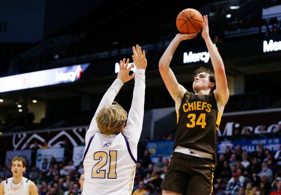 Kickapoo's Brayden Shorter (34) shoots a field goal as the Chiefs take on the Troy Trojans in a Class 6 state semifinal game at Great Southern Bank Arena on Friday, March 17, 2023.