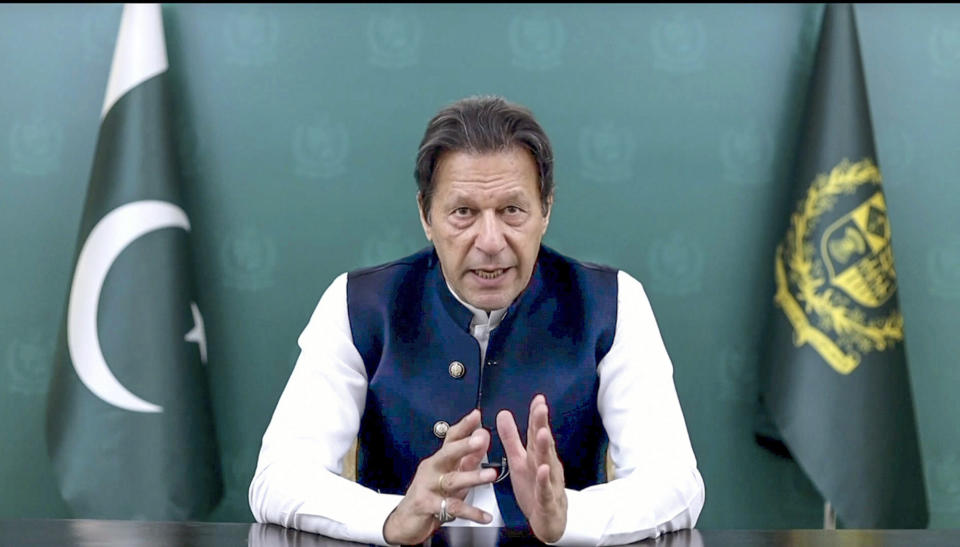 In this image taken from video provided by UN Web TV, Imran Khan, Prime Minister of Pakistan, remotely addresses the 76th session of the United Nations General Assembly in a pre-recorded message, Friday Sept. 24, 2021 at UN headquarters. (UN Web TV via AP)