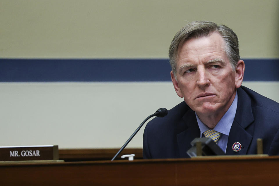 Rep. Paul Gosar, R-Ariz., listens during a House Oversight and Reform Committee regarding the on Jan. 6 attack on the U.S. Capitol, on Capitol Hill in Washington, Wednesday, May 12, 2021. (Jonathan Ernst/Pool via AP)