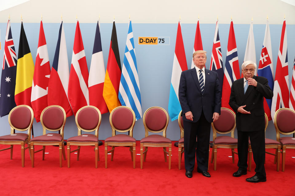 US President Donald Trump and President of Greece Prokopis Pavlopoulos during a meeting of leaders the Allied Nations during commemorations for the 75th Anniversary of the D-Day landings at Southsea Common, Portsmouth.