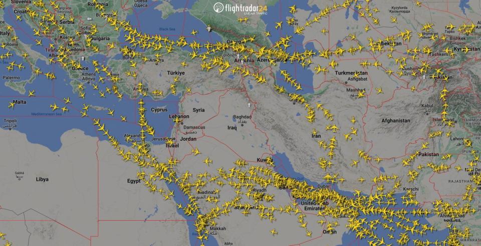 Airspace over Iran and the neighbouring Middle East on Sunday morning (Flightradar24.com/handout via Reuters)