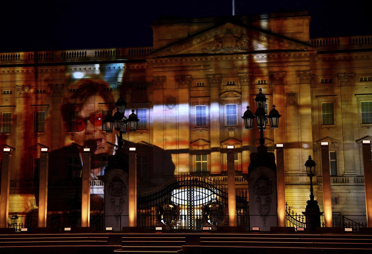 Elton John shown during a recorded performance at the Platinum Jubilee concert in front of Buckingham Palace in London on Saturday, June 4, 2022, on the third of four days of celebrations to mark the Platinum Jubilee.