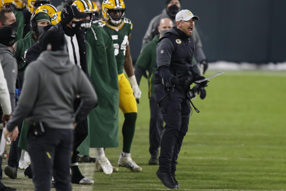 Green Bay Packers head coach Matt LaFleur reacts after a pass interference call was made against Green Bay during the second half of the NFC championship NFL football game against the Tampa Bay Buccaneers in Green Bay, Wis., Sunday, Jan. 24, 2021. (AP Photo/Matt Ludtke)