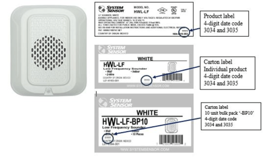 Recalled System Sensor L-Series Low Frequency Fire Alarm Sounders Model #s HWL-LF and HWL-LF-BP10 (White) showing product label and carton label (Courtesy: U.S. Consuper Product Safety Commision)