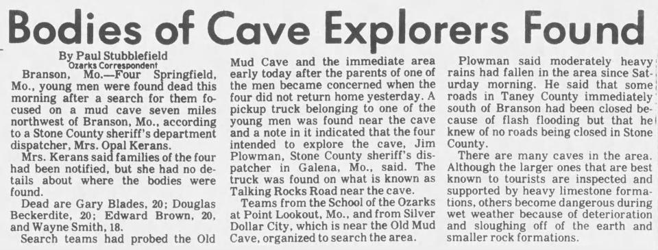 A March 28, 1977, article from the Kansas City Star describes the events that lead to four people dying in what is now referred to as the Adventure Cave.