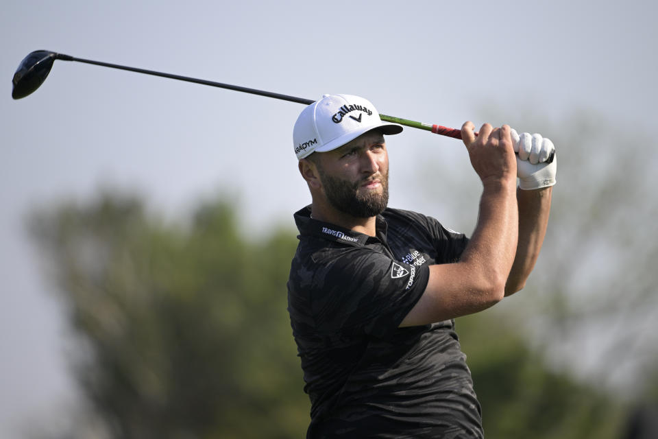 Jon Rahm, of Spain, watches his tee shot on the 16th hole during the second round of the Arnold Palmer Invitational golf tournament, Friday, March 3, 2023, in Orlando, Fla. (AP Photo/Phelan M. Ebenhack)