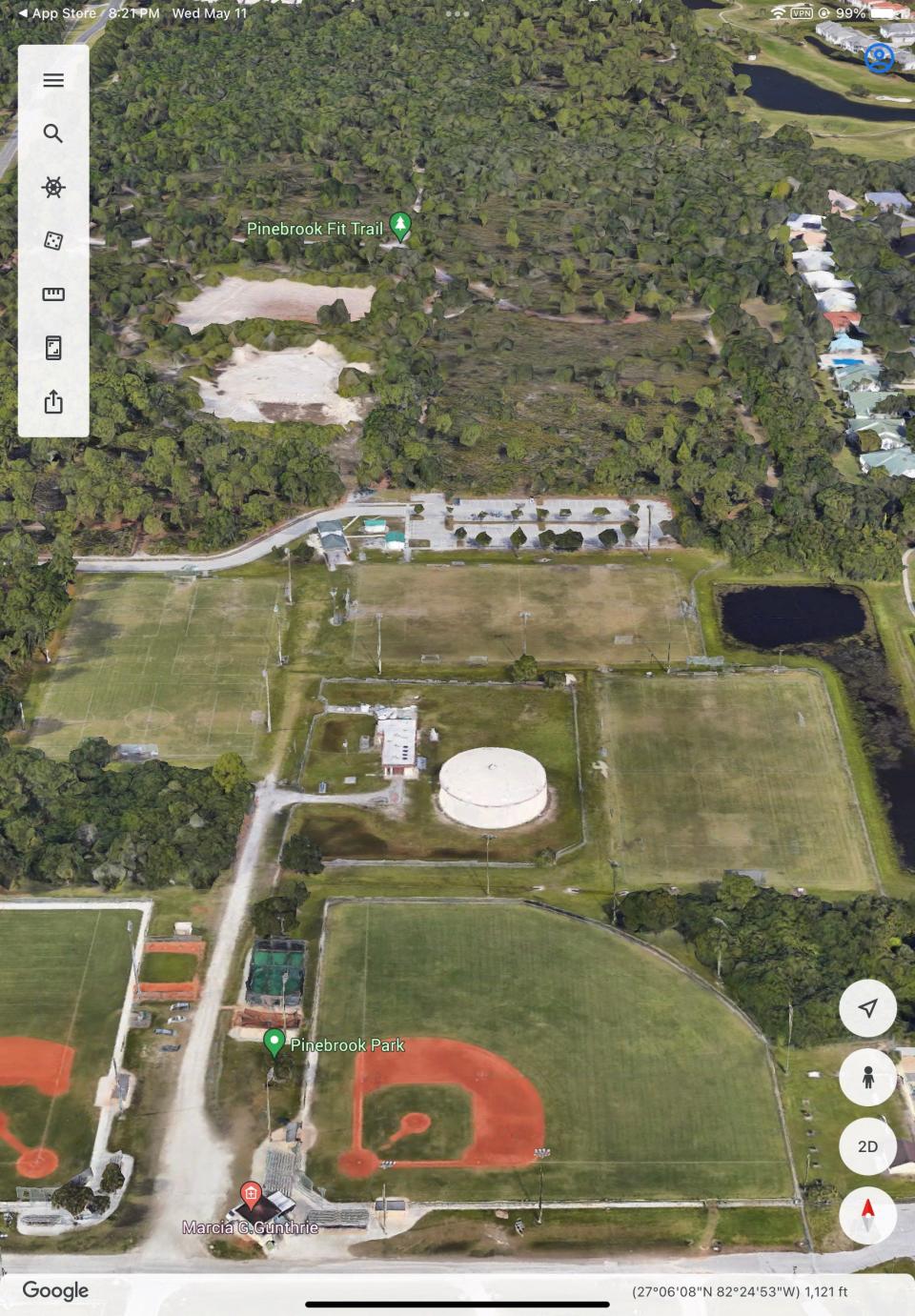 The three youth soccer fields at Wellfield Park – Fields, 1, 2, and 3, from left to right, as seen on this Google Earth aerial image, have all suffered from overuse. The city of Venice will spend up to $65,000 to redo the worst of the three, field 2, while the Venice Soccer Club will limit practice use on all three fields to help the turf last longer.