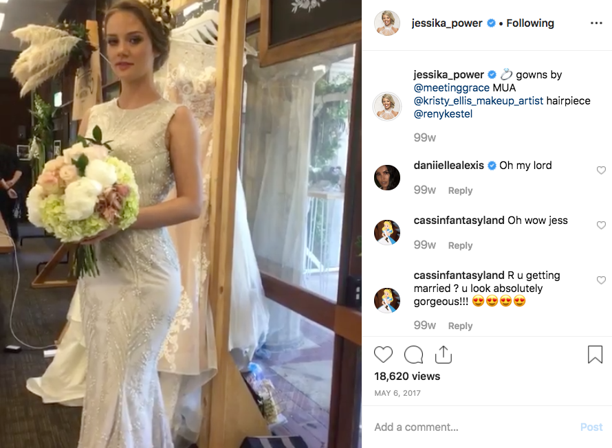 Photos on the 26-year-old’s Instagram account show Jess wearing a gorgeous beaded bridal gown in 2017. Photo: Instagram/jessika_power