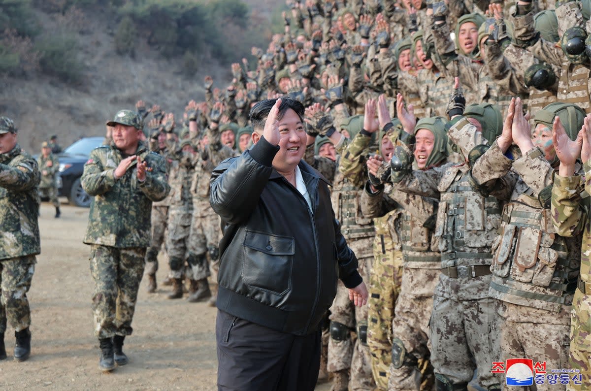  North Korean leader Kim Jong-un (C) inspecting a training exercise of the Korean People’s Army at an undisclosed location (KCNA VIA KNS/AFP via Getty Image)
