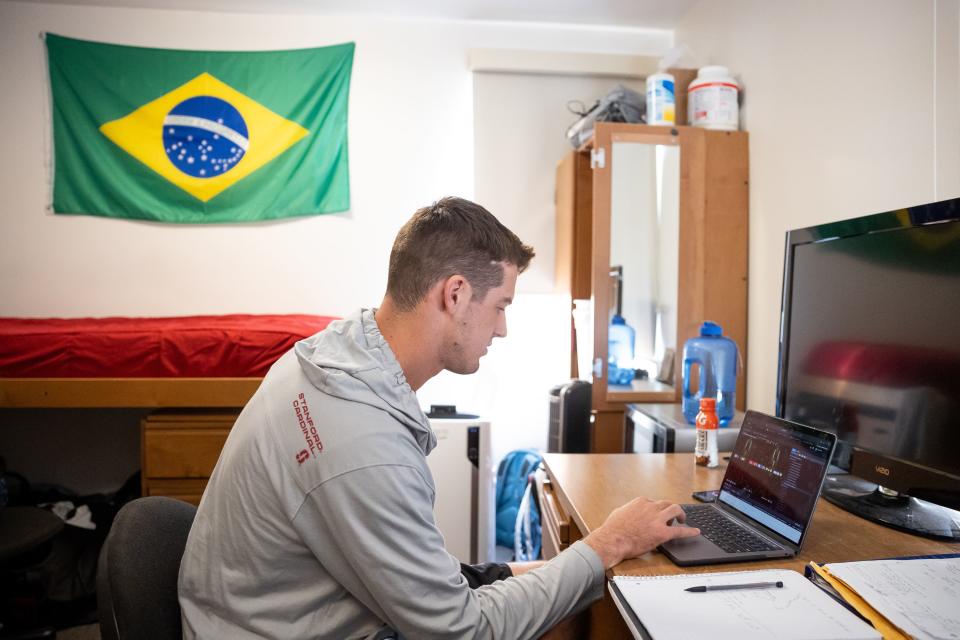 Tanner McKee studies tape in his dorm room on the Stanford campus in Stanford, California, on Saturday, Nov. 6, 2021. | Spenser Heaps, Deseret News