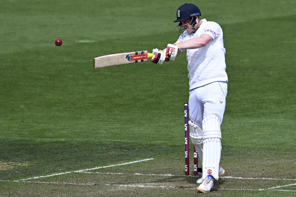 Harry Brook of England bats on the first day of the second cricket test against New Zealand at the Basin Reserve in Wellington, New Zealand, Friday, Feb. 24, 2023. (Andrew Cornaga/Photosport via AP)