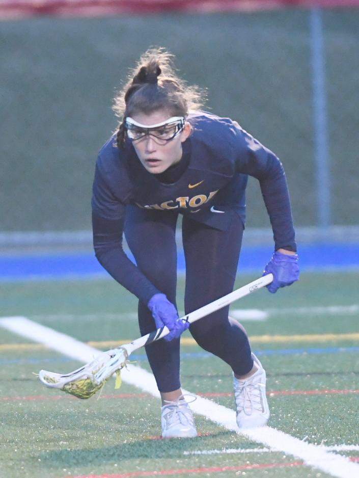 Olivia Bruno of Victor looks to score at Fairport on March 30, 2022.