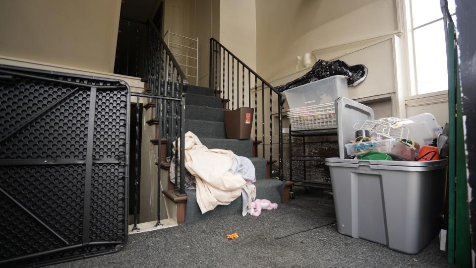 Litter fills a foyer at the Galloway Village apartments in western Franklin County's Prairie Township. The buildings show evidence of squatters, drug use and vandalism. Township officials are taking action against the owners. The huge complex sits at 99 N. Murray Hill Road, just north of West Broad Street, near OhioHealth Doctors Hospital.