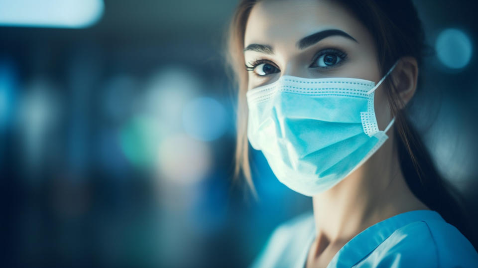 Close-up of a healthcare worker wearing a medical mask and entering a hospital.