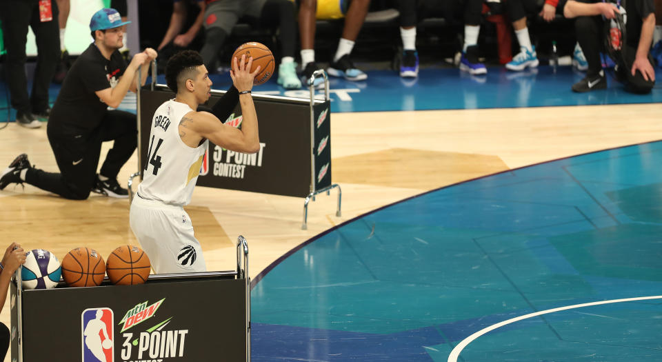 Danny Green of the Toronto Raptors shoots the ball during the 2019 Mtn Dew 3-Point Contest as part of the State Farm All-Star Saturday Night. (Photo by Kent Smith/NBAE via Getty Images)