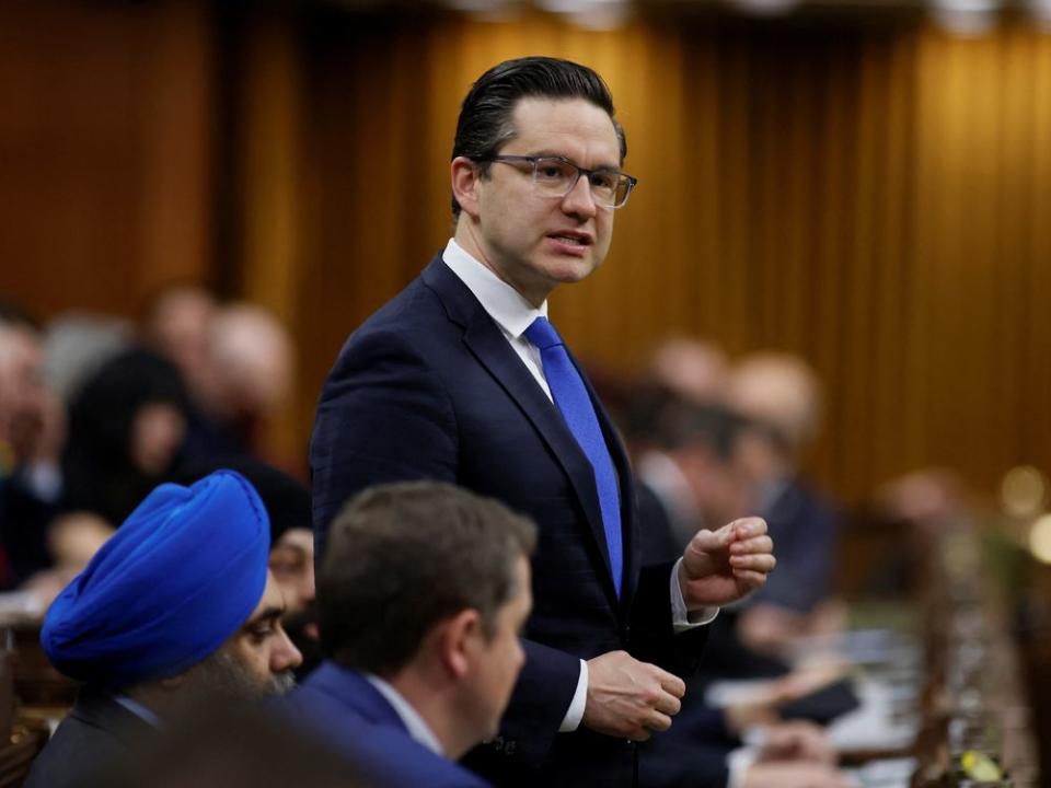 Canada's Conservative Party of Canada leader Pierre Poilievre speaks during Question Period in the House of Commons on Parliament Hill in Ottawa