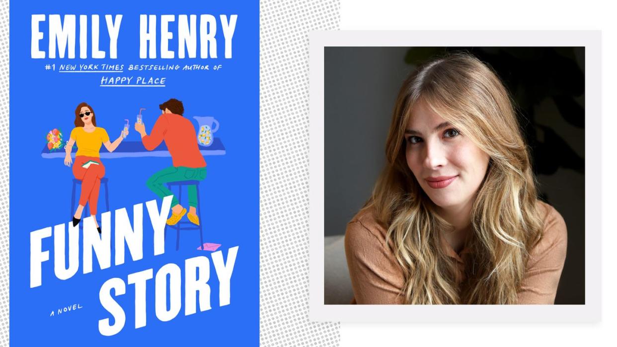 the cover of funny story by emily henry next to a headshot of emily henry