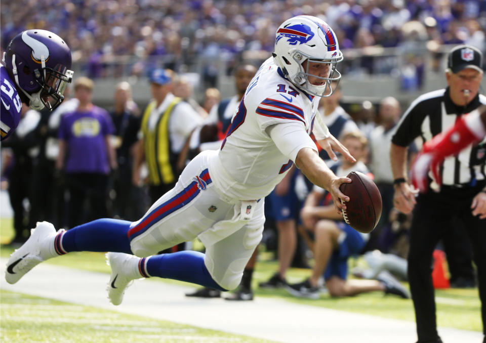 Buffalo Bills quarterback Josh Allen helped deliver the upset of the week on Sunday. (AP Photo/Bruce Kluckhohn)