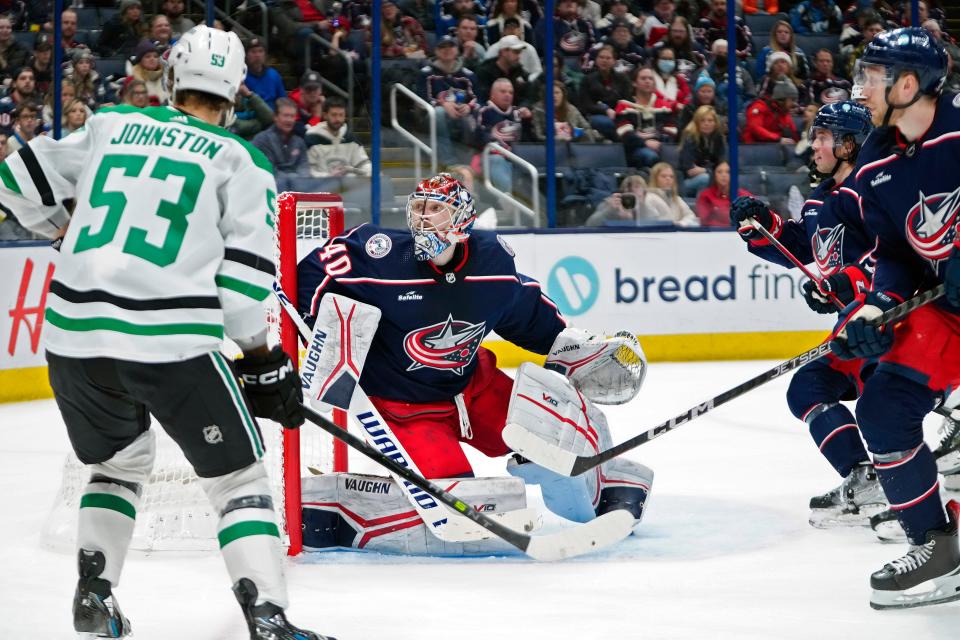 Dec 19, 2022; Columbus, Ohio, USA; Columbus Blue Jackets goaltender Daniil Tarasov (40) watches the puck after a save on a Dallas Stars shot during the second period of their NHL game at Nationwide Arena.