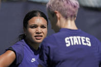 U.S. national team player Sophia Smith listens to instructions during practice for a match against Nigeria Tuesday, Aug. 30, 2022, in Riverside, Mo. Women’s soccer in the United States has struggled with diversity, starting with a pay-to-play model that can exclude talented kids from communities of color. (AP Photo/Charlie Riedel)