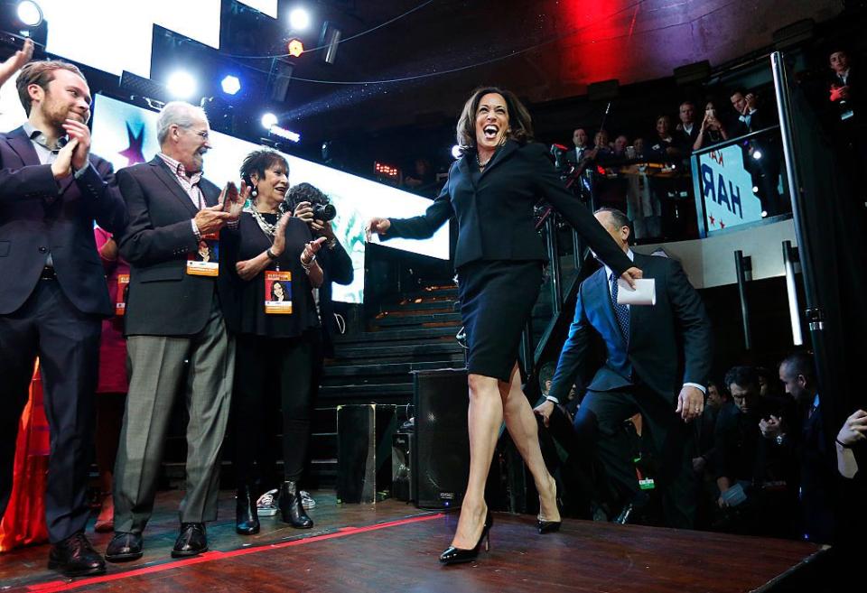 <p>To celebrate winning her Senate race, the former Attorney General wore a black skirt suit, with patent pumps. </p>