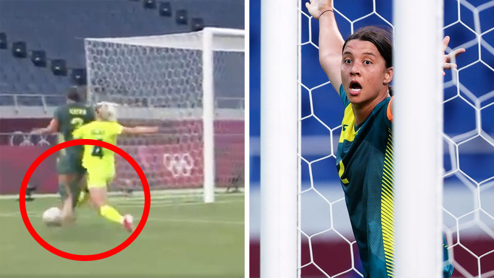 Matildas captain Sam Kerr was denied a penalty on this play in the first half of their group match against Sweden at the Tokyo Olympics. Pictures: Eurosport/Getty Images