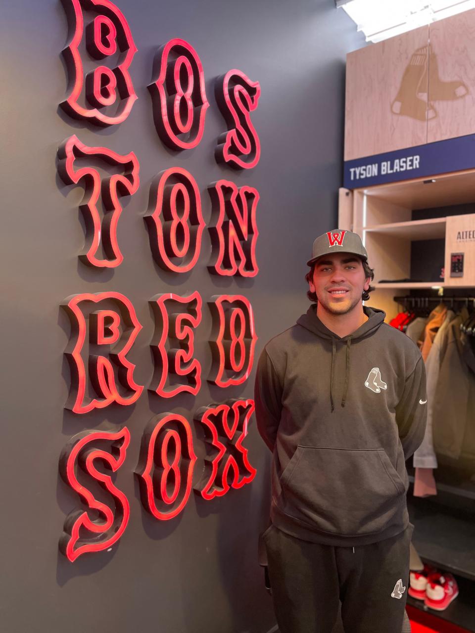 Red Sox infield prospect Marcelo Mayer poses for a photo Wednesday inside the Boston Red Sox clubhouse at Fenway Park.