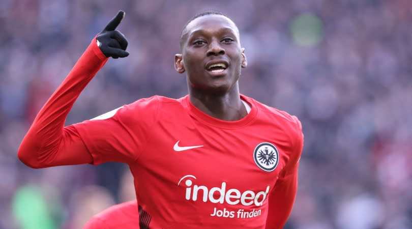   Randal Kolo Muani celebrates after scoring for Eintracht Frankfurt against Union Berlin in April 2023. 