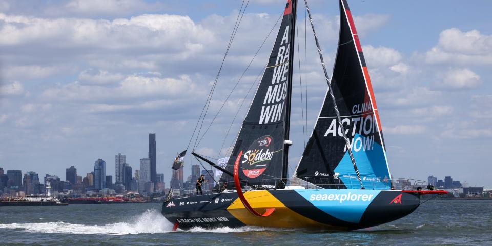 Malizia-Seaexplorer captain Boris Herrmann and his team leave Brooklyn marina to join the start of the New York Vendee sailing race, in Brooklyn, New York, on May 28, 2024.