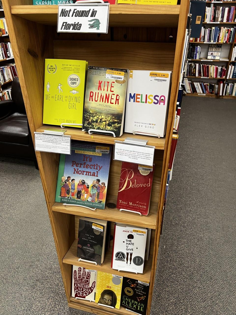 Display of books challenged or banned in Florida in a Half-Off Books store in Madison, Wisconsin, June, 2023.