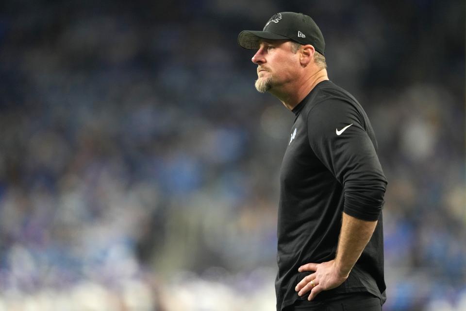 Detroit Lions head coach Dan Campbell looks on prior to the regular season finale against the Minnesota Vikings at Ford Field, Jan. 7, 2024 in Detroit.