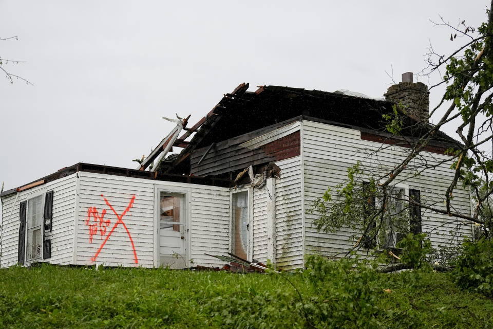 A storm damaged house is seen along Blackburn Lane, Thursday, May 9, 2024, in Columbia, Tenn. Severe storms tore through the central and southeast U.S., Wednesday, spawning damaging tornadoes, producing massive hail, and killing two people in Tennessee. (AP Photo/George Walker IV)