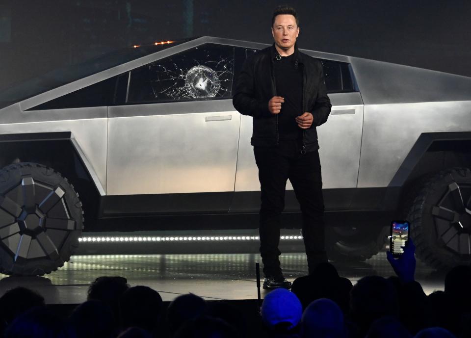 Tesla CEO Elon Musk unveils the Cybertruck at the Tesla Design Studio in Hawthorne, Calif. The cracked window glass occurred during a demonstration on the strength of the glass.