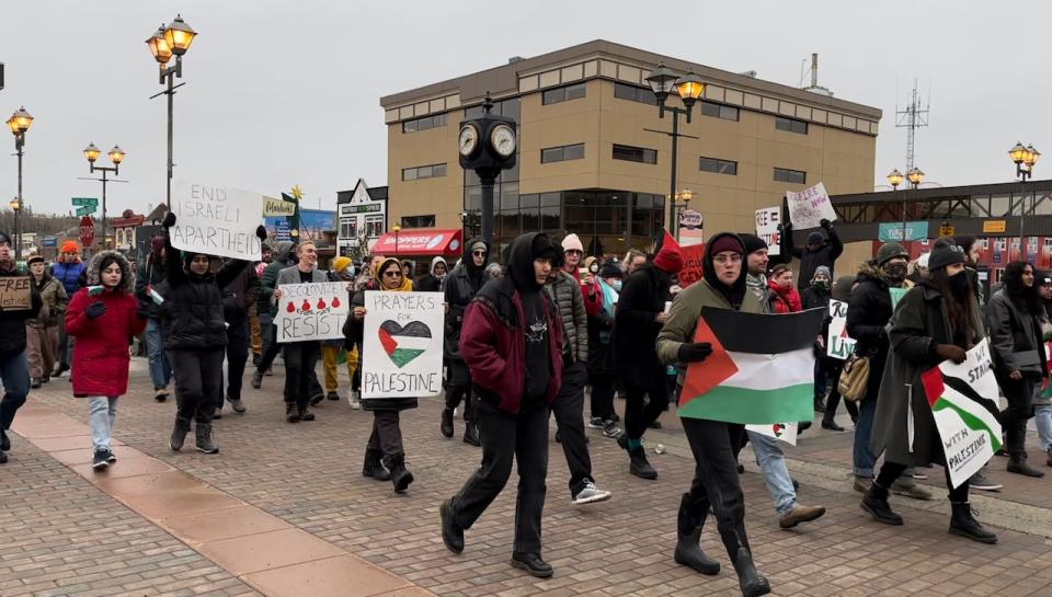 Protesters in Whitehorse marching through the city's downtown on November 4, 2023. 