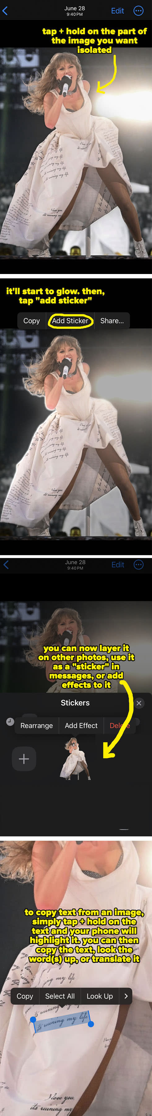 Person using iPhone adds text over a photo of Taylor Swift leaping in a concert, writes "It's. Me. Hi. I'm the problem. It's me." from the song "Anti-Hero."