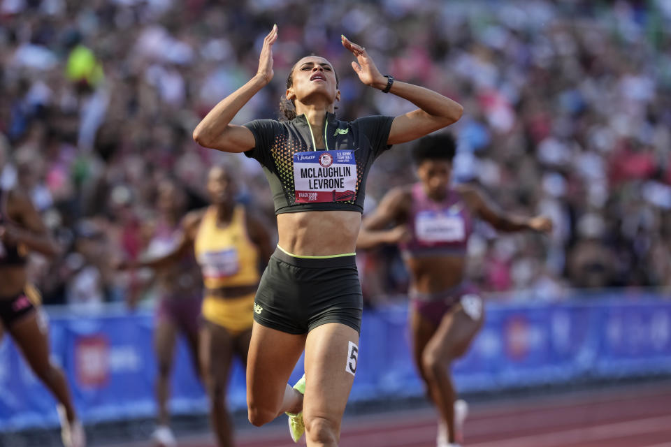 Sydney McLaughlin-Levrone wins the women's 400-meter hurdles final during the U.S. Track and Field Olympic Team Trials, Sunday, June 30, 2024, in Eugene, Ore. (AP Photo/George Walker IV)