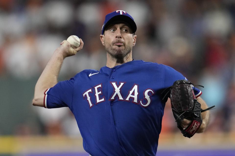 Texas Rangers starter Max Scherzer throws during the first inning of Game 7 of the baseball AL Championship Series against the Houston Astros Monday, Oct. 23, 2023, in Houston. (AP Photo/Godofredo A. Vásquez)