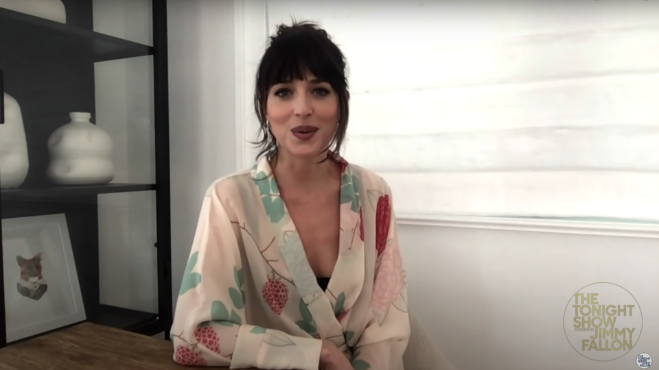 Dakota in patterned top on a video call with "The Tonight Show Starring Jimmy Fallon" logo visible