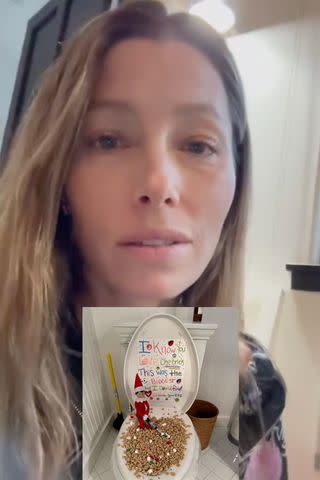 <p>Jessica Biel/TikTok</p> The elves in the Timberlake-Biel household put cereal in the toilet.