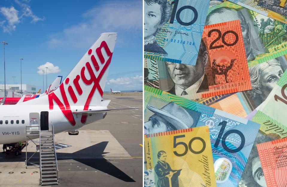 Compilation image of Virgin airplane and pile of money to represent Velocity program